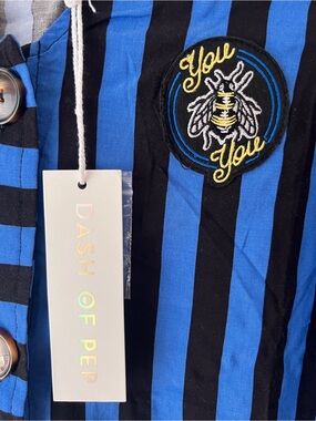 Dash of Pep Blue and Black Striped Button-Up with Bee Patch